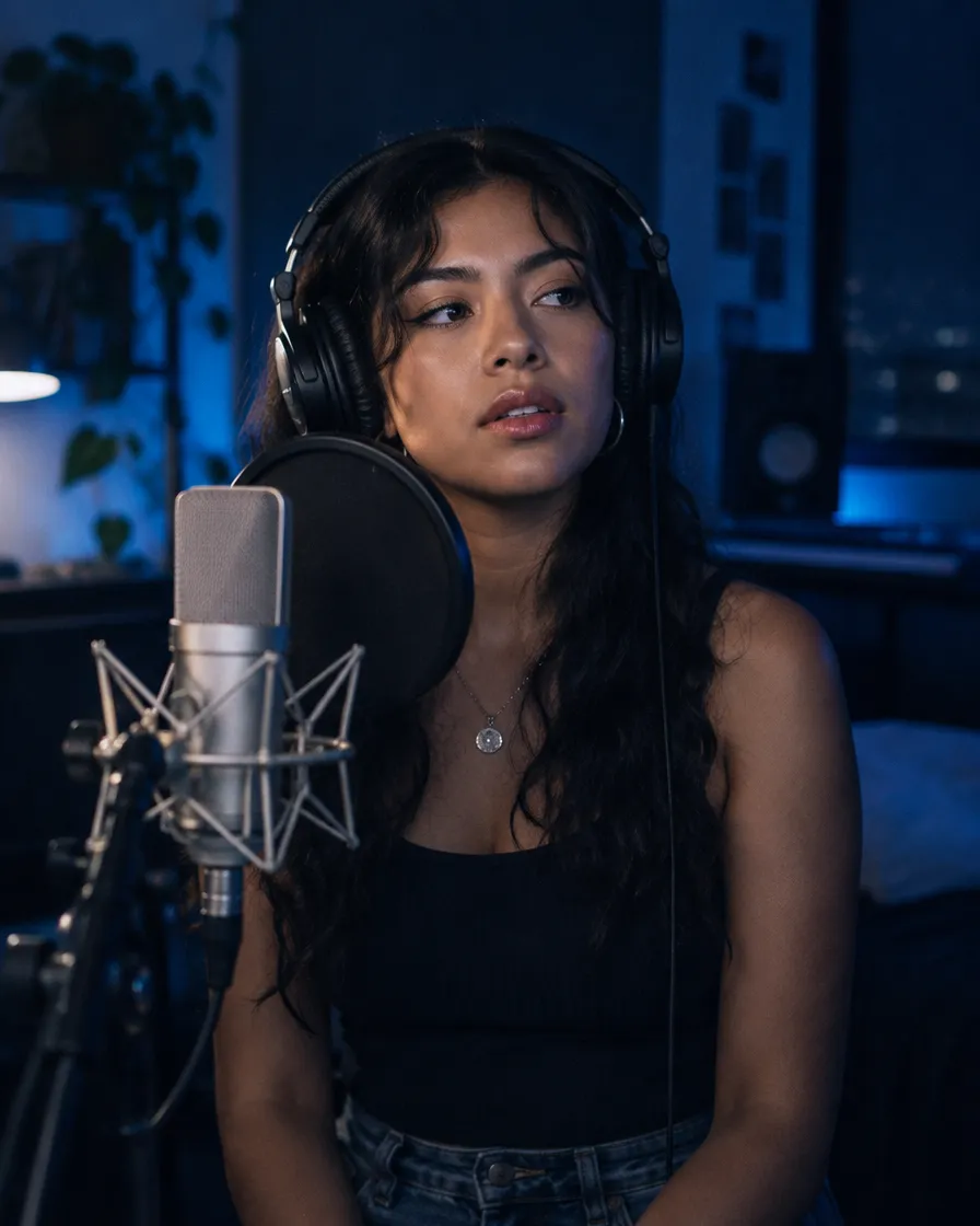 Singer recording vocals at night in a small studio, wearing headphones
